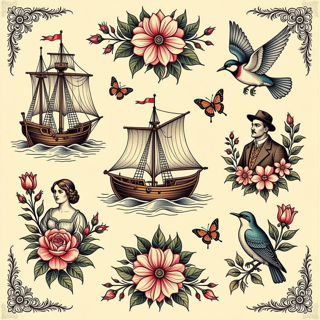 Detailed Engraving Tattoo Sheet with Vintage Nautical Elemen...