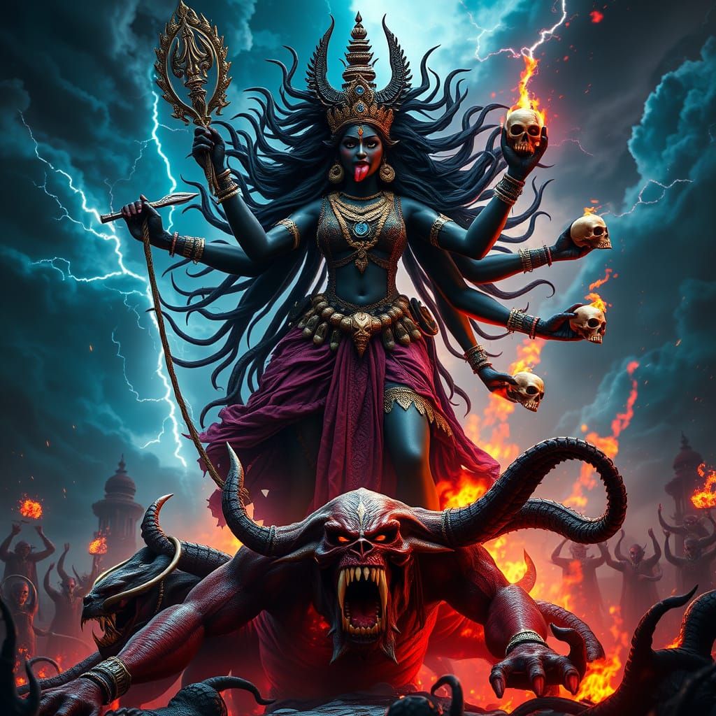 Kali Triumphs Over Raktabeeja in Dark Fantasy Battle