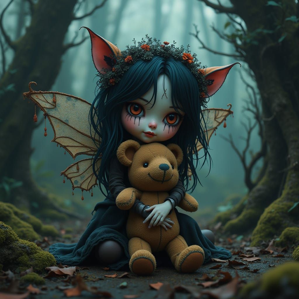 Gothic Fairy Sprite in Whimsical, Dark Cartoon Landscape wit...