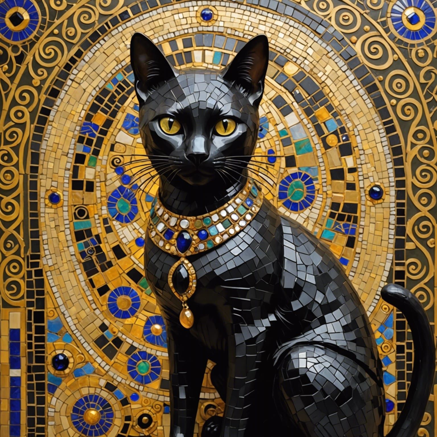 Black Cat Queen Statue in Gustav Klimt Style