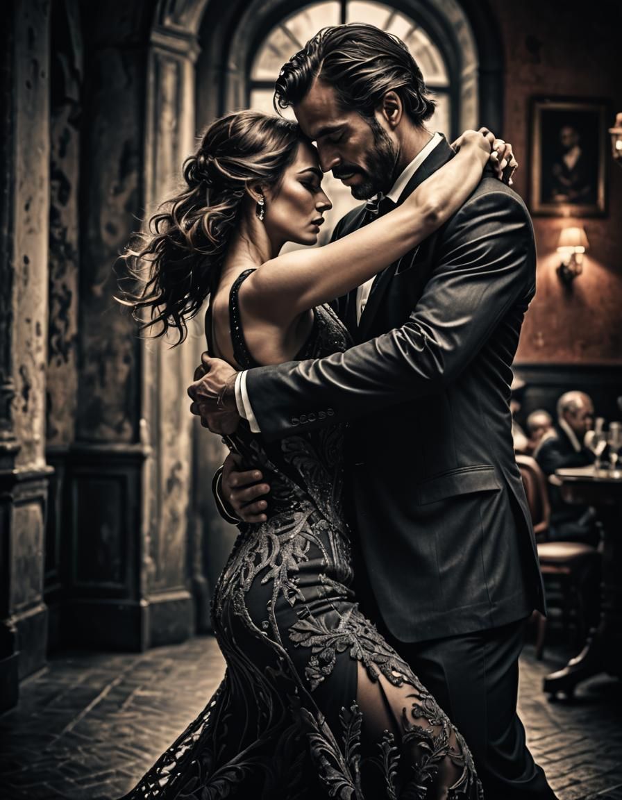 Passionate Tango Couple Embrace in Hyperrealistic Detail