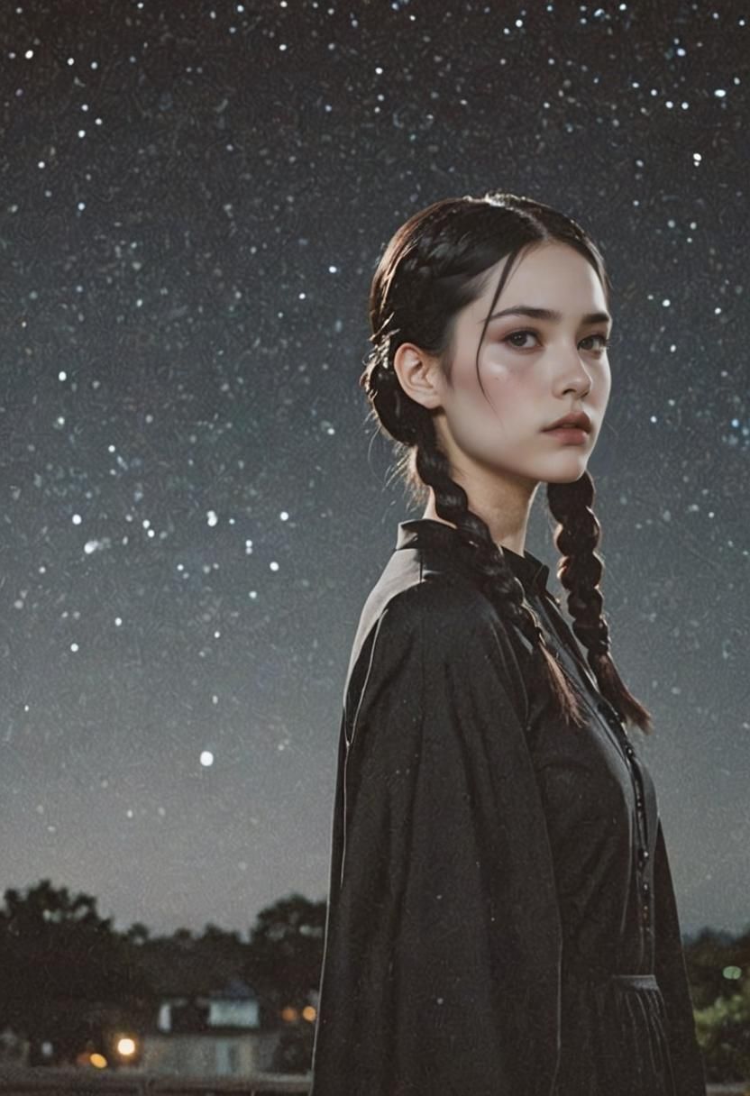 Gothic Teen with Braids in Starry Night Scene
