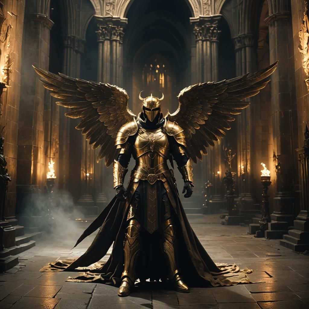 Golden Armored Angel in Smoky Cathedral