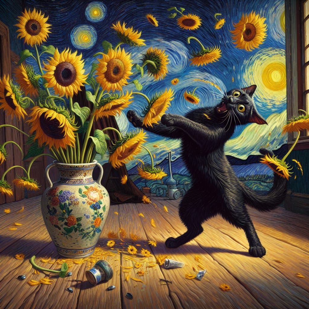 Black Cat's Sunflower Mishap: A Van Gogh-Inspired Painting