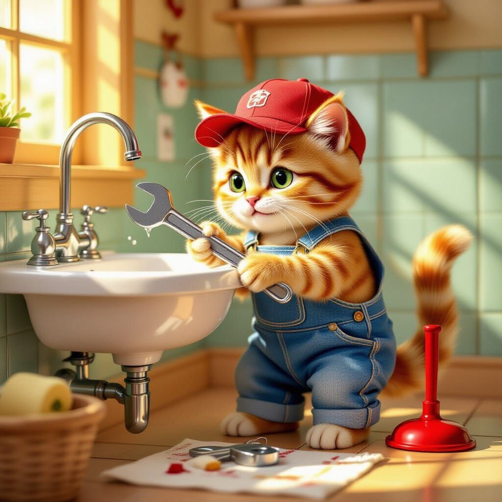 Storybook Cat Plumber Fixing Kitchen Sink