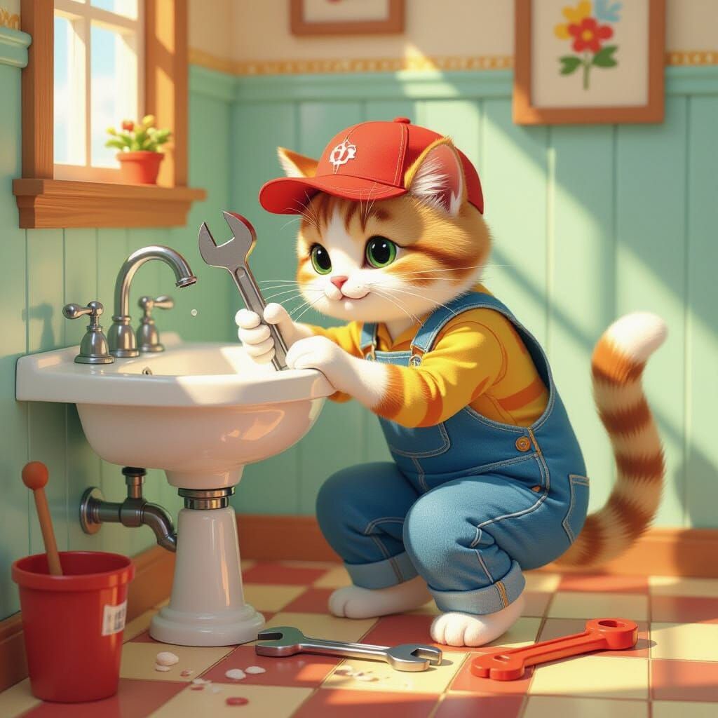 Whimsical Cat Repairman in Sunlit Bathroom Illustration