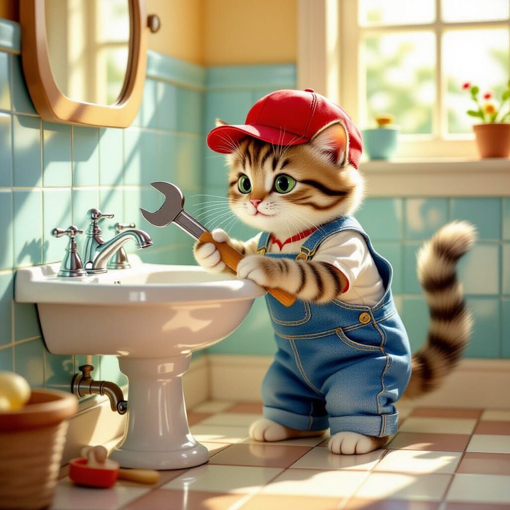 Whimsical Cat Mechanic in Sunlit Bathroom Illustration