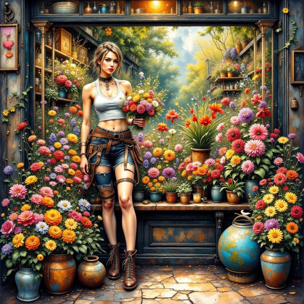 Steampunk Florist with Vibrant Bouquet as Impasto Painting