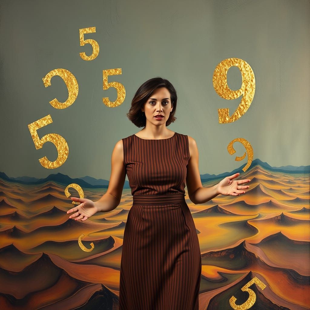 Surreal Woman in Striped Dress Amidst Glittering Background