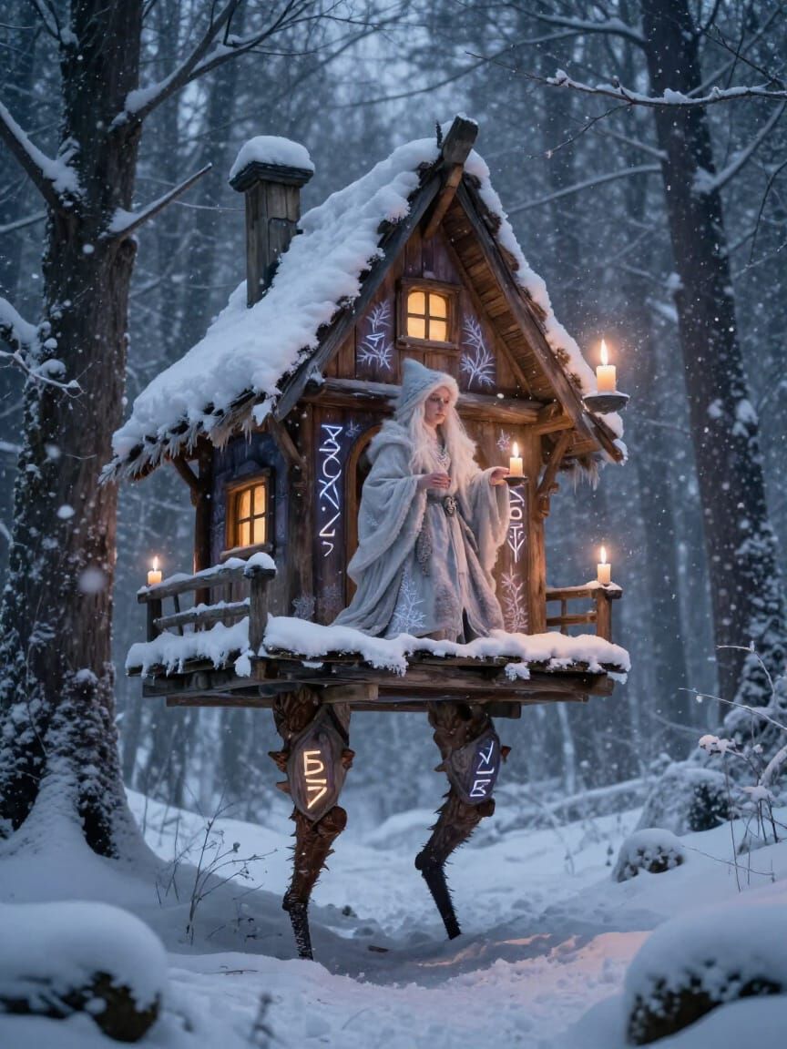Baba Yaga's Mystical Winter Hut in Snowy Forest