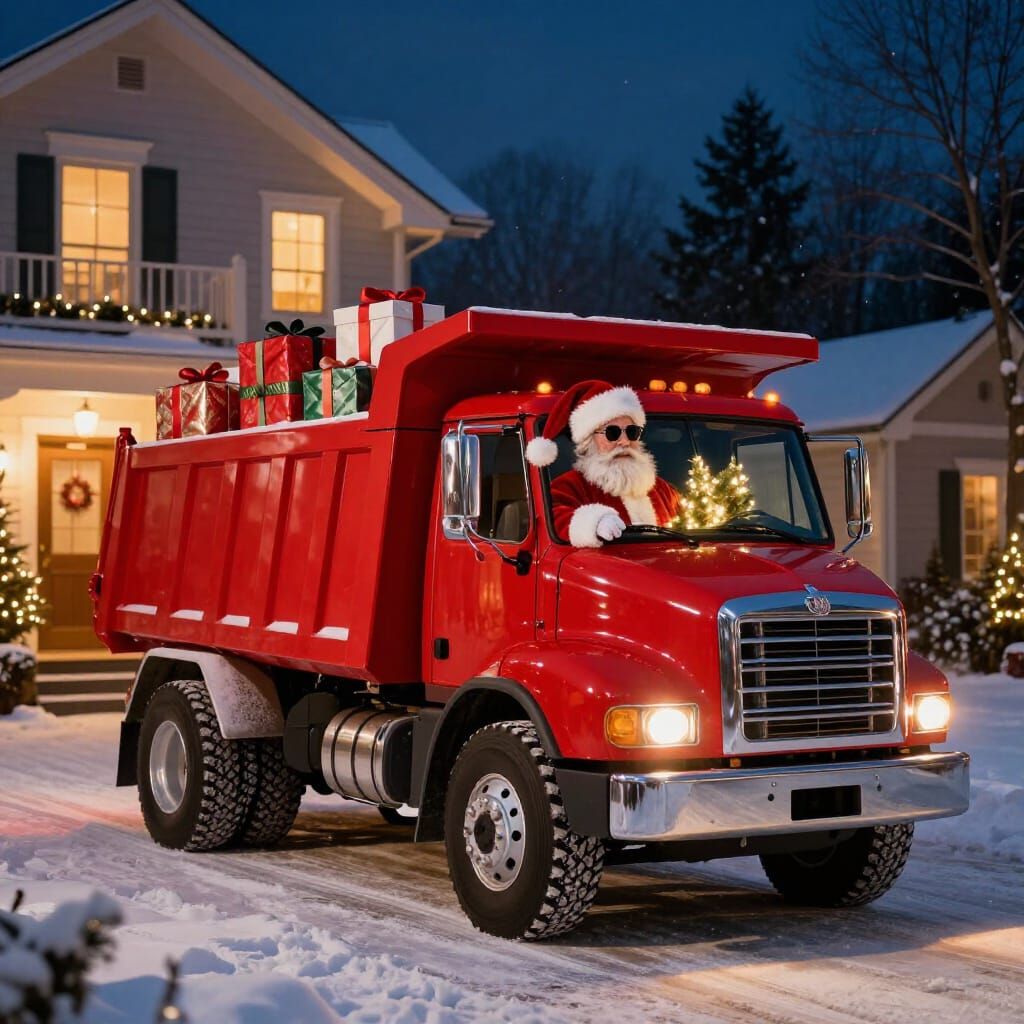 Santa Backing Up Festive Dump Truck Full of Presents