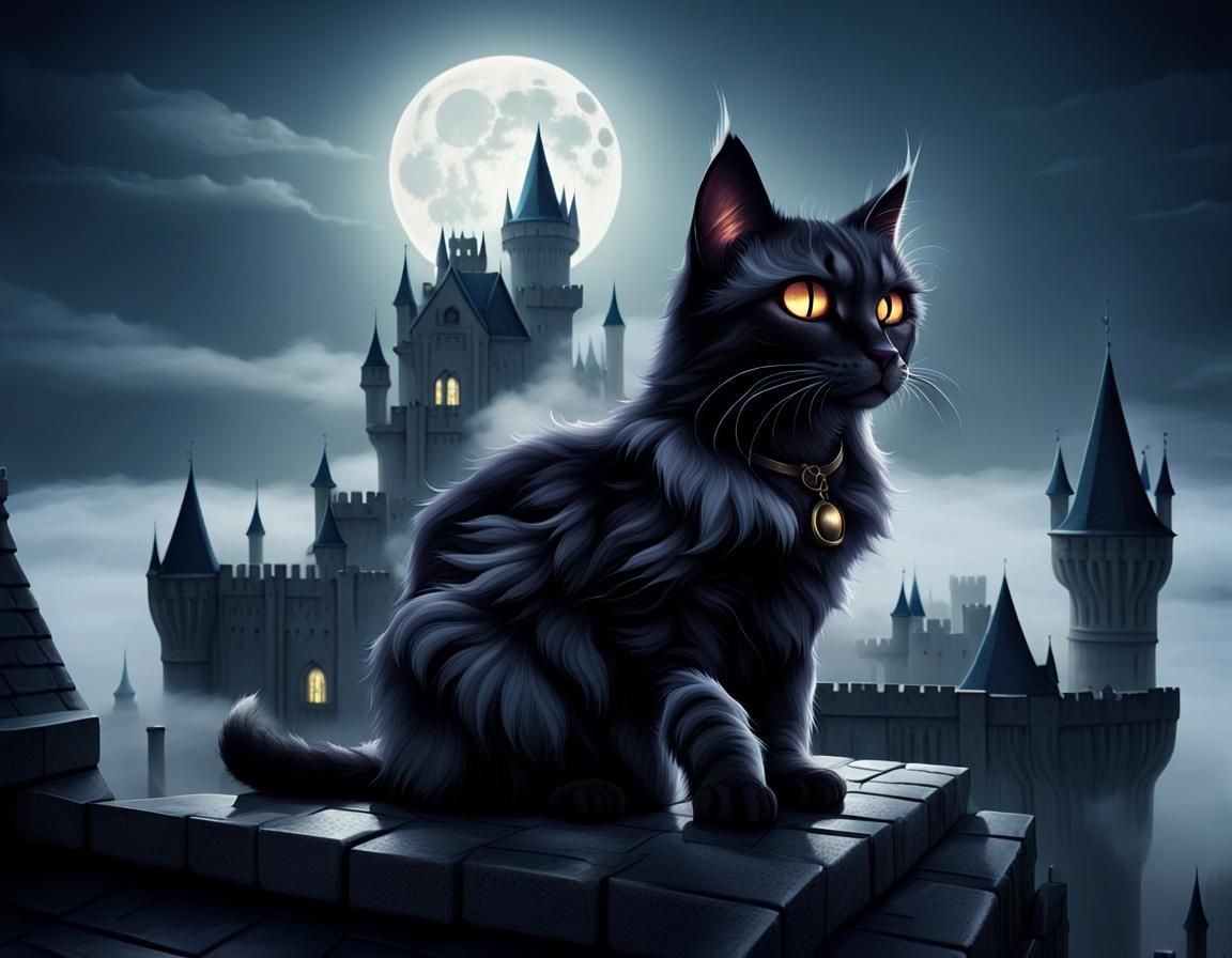 Glowing Cat on Gothic Castle in Moonlight