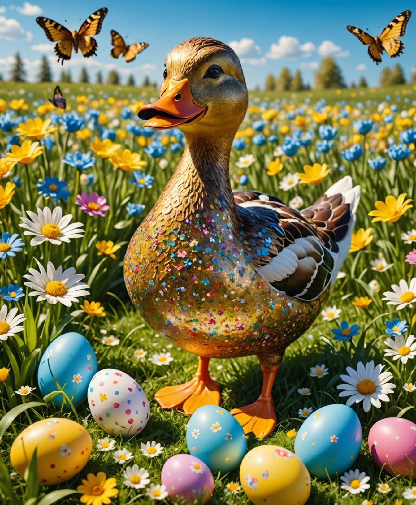 Vibrant Easter Duck in Whimsical Spring Meadow