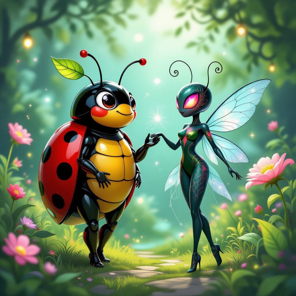 Fantasy Ladybug and Spider Women Dancing in Enchanted Garden