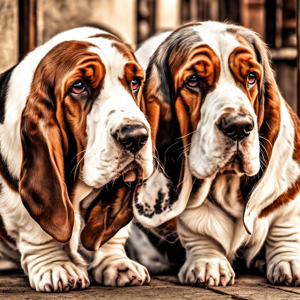 Two Adorable Fat Basset Hounds in Hyperrealistic Detail