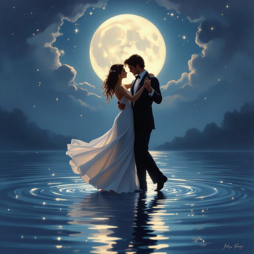 Romantic Couple Dancing on Water Under Moonlight