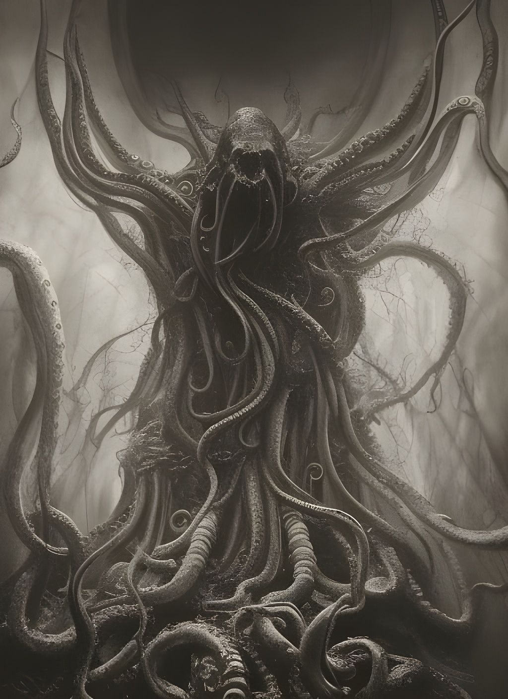 Cthulhu in Catacomb: Dark Charcoal Drawing
