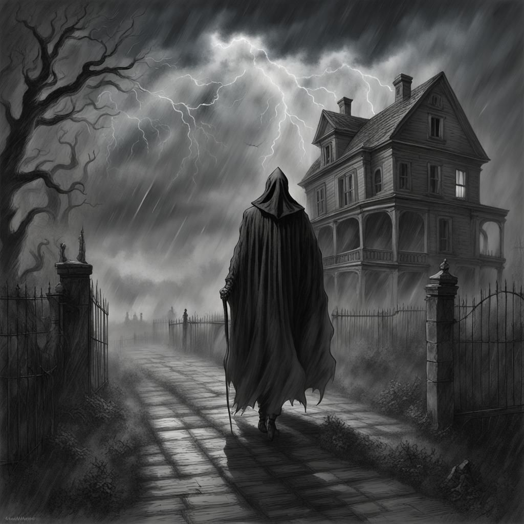 Eerie Grim Reaper in Stormy Landscape