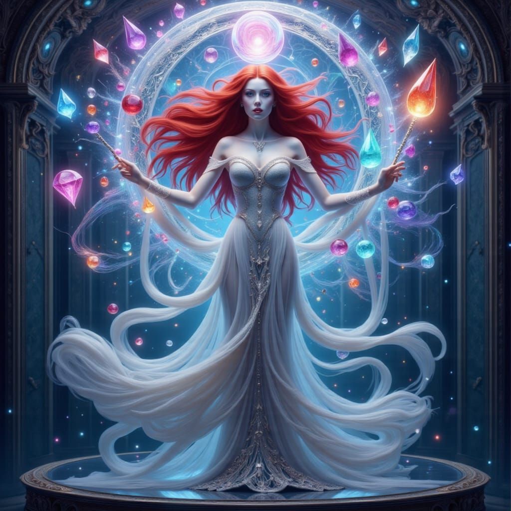 Gemstone Spellcaster with Wand in Surreal Scene