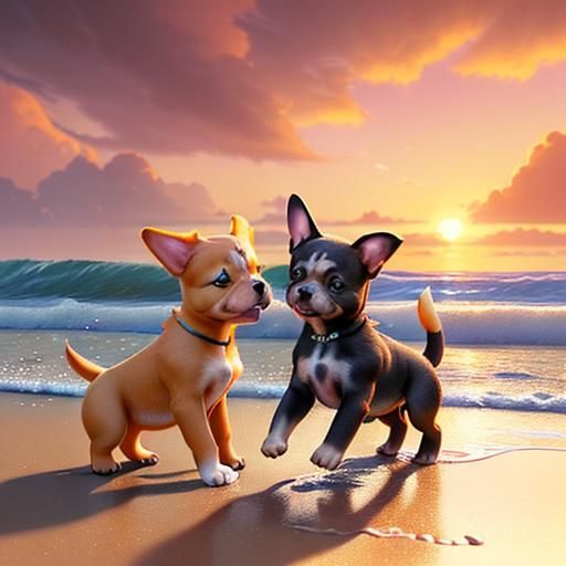 Cute Puppies Playing on Beach at Sunset