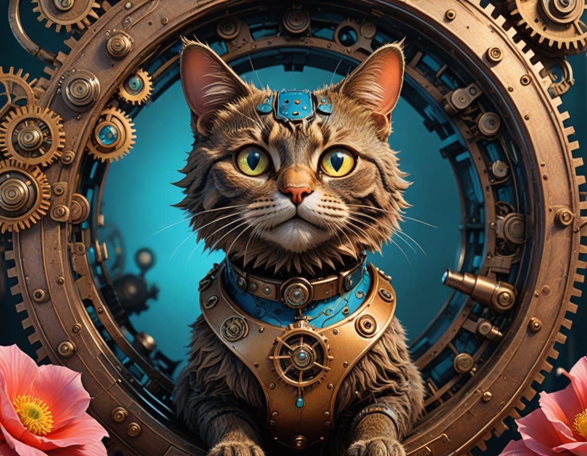 Steampunk Whimsy: Cat Devours Melon in Futuristic World