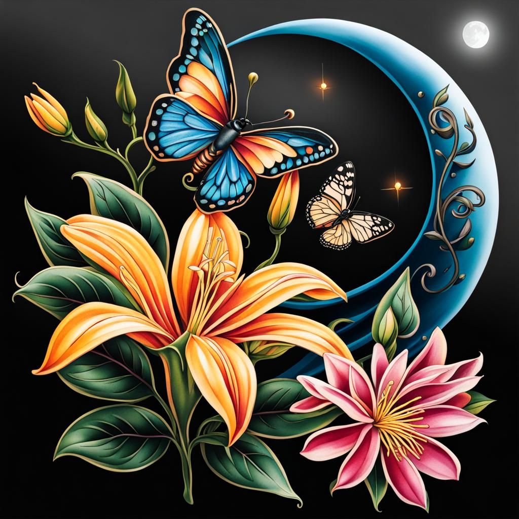 Tattoo of a honeysuckle flower with a butterfly and a small crescent moon in the back