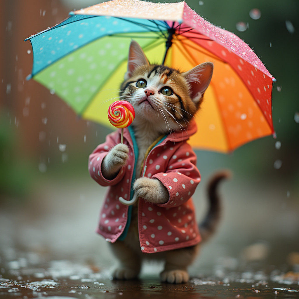 Rainbow Cat with Umbrella: Dreamy Whimsical Portrait