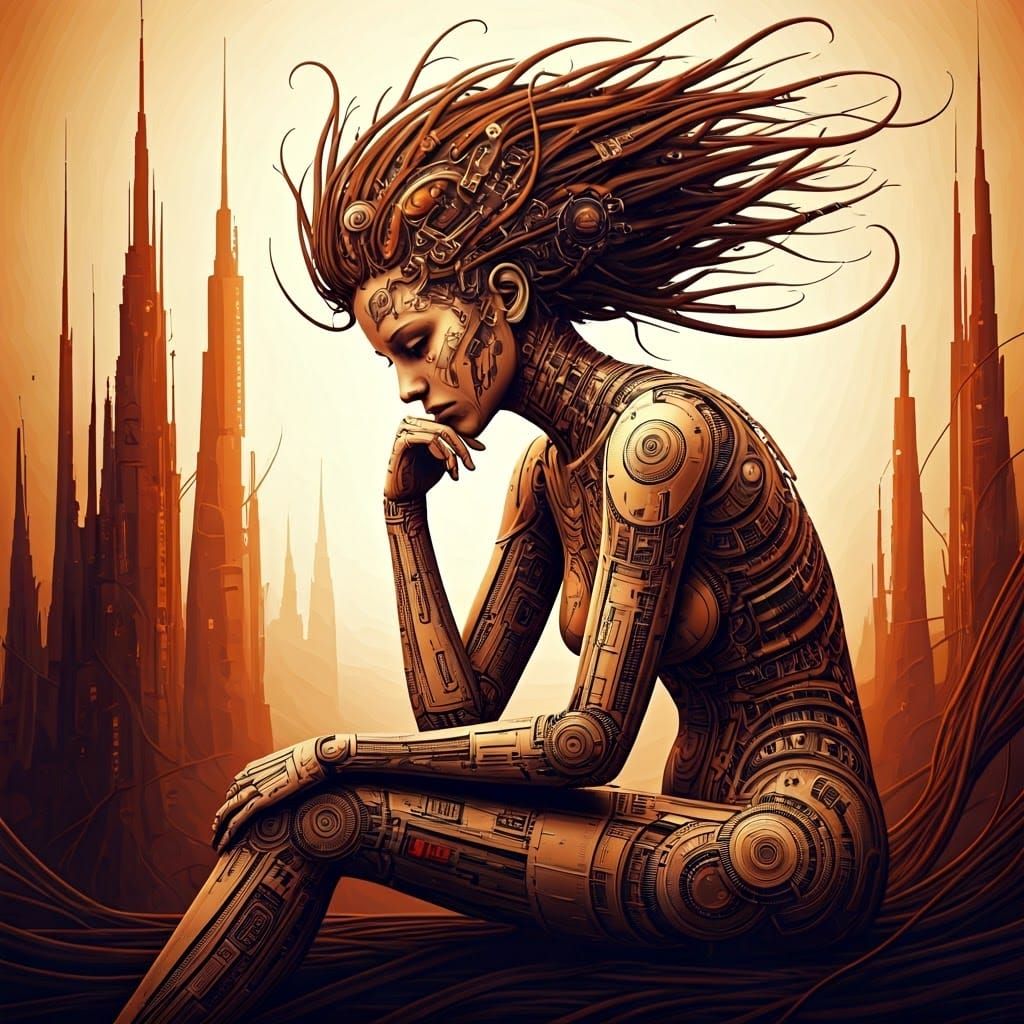 Melancholic Cyborg Contemplates Dystopian Future