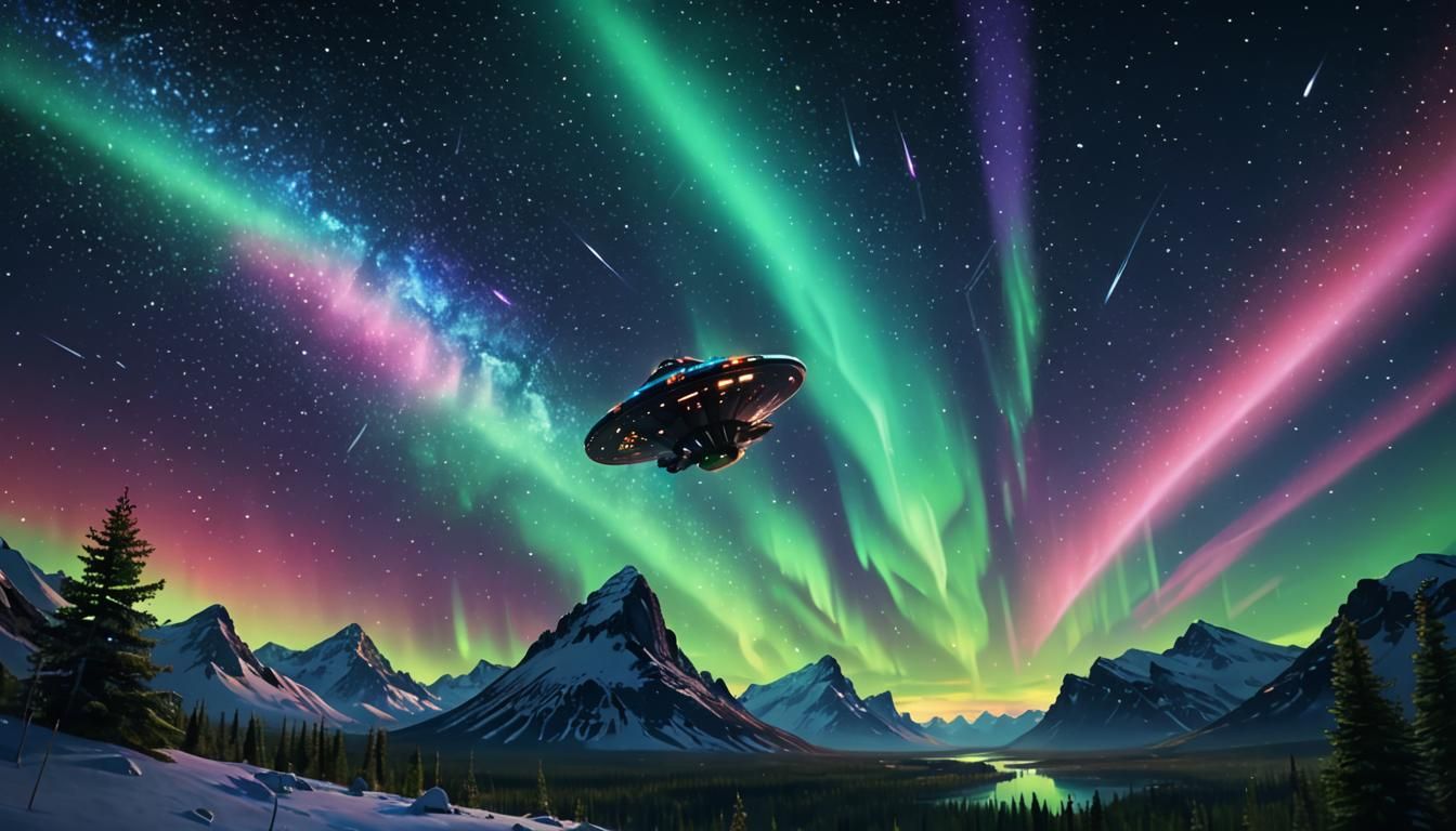 Spaceship Glides Through Ethereal Starry Night Sky