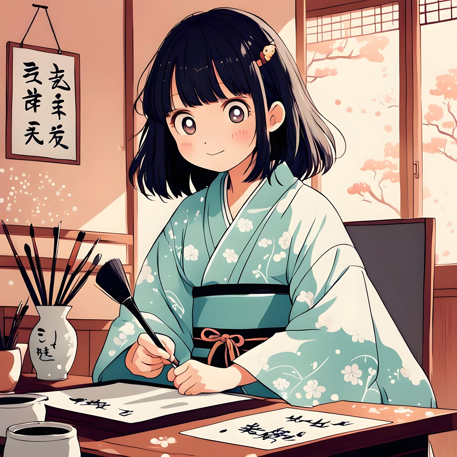 Cute Anime Girl with Calligraphy Brush in Pastel Kimono