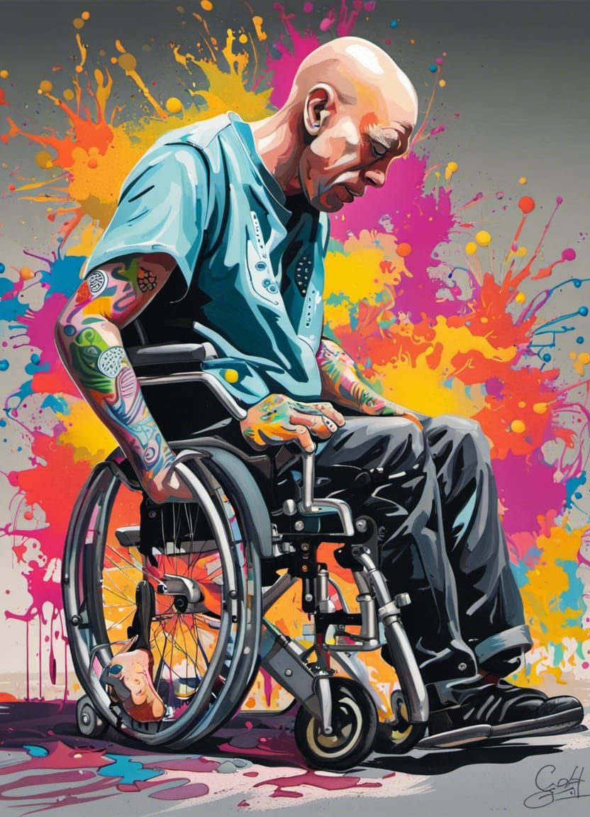 Colorful Graffiti Art of Bald Man in Wheelchair