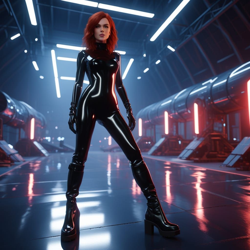 Futuristic Hangar Fashion: Red-Haired Woman in PVC Catsuit