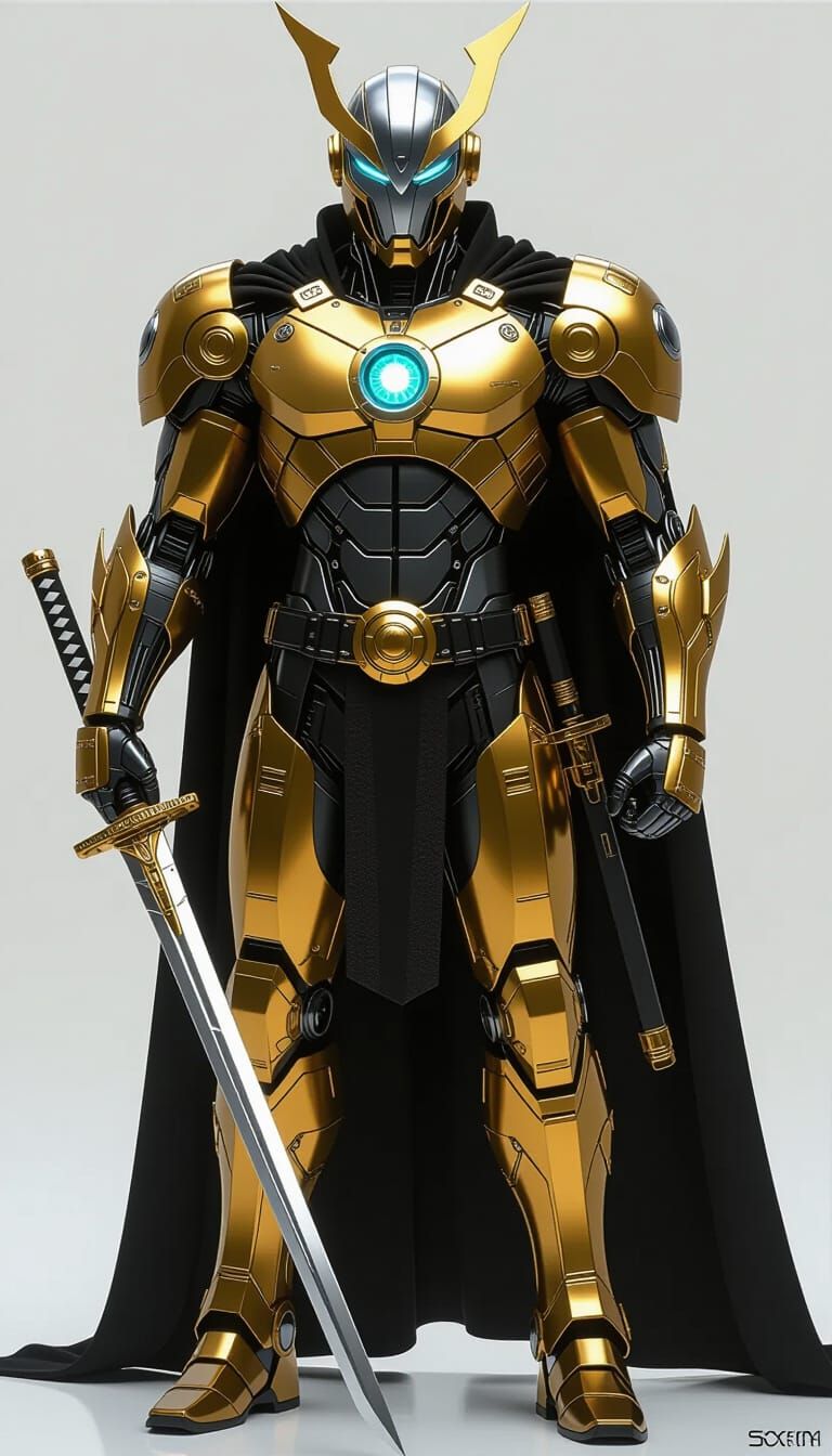Futuristic Cyborg Hero with Samurai Sword