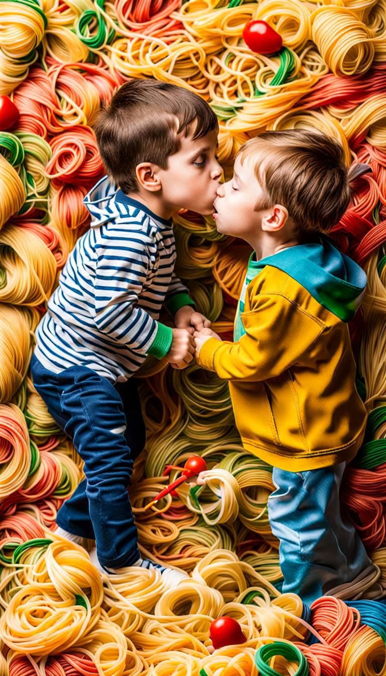 Children's Spaghetti Kiss Game: A Colorful Close-Up