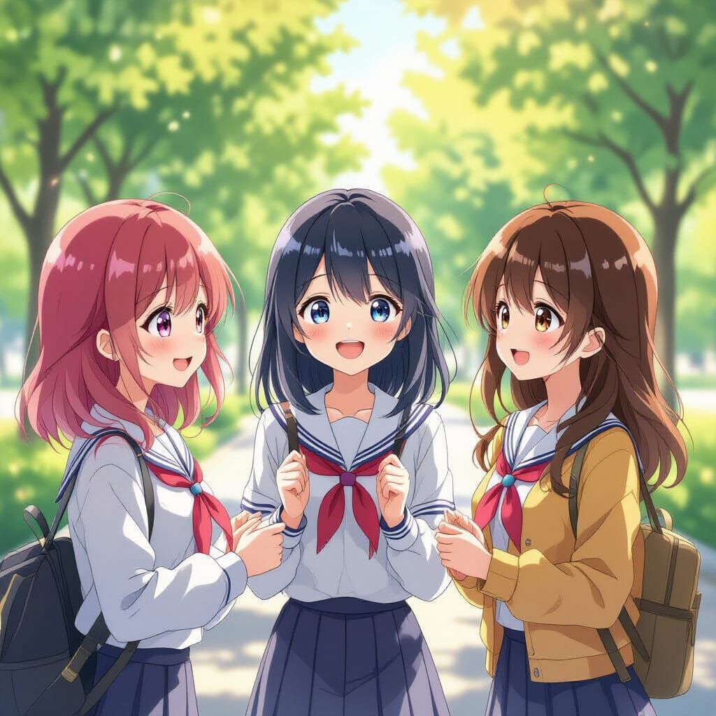 Adorable Anime High School Girls Laughing in Park