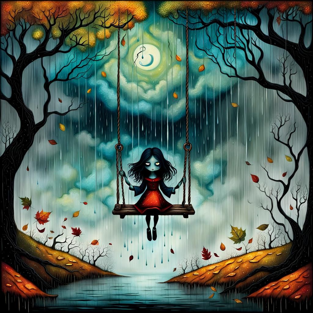 Girl on a Swing: Pop Surrealist Gloomcore Illustration