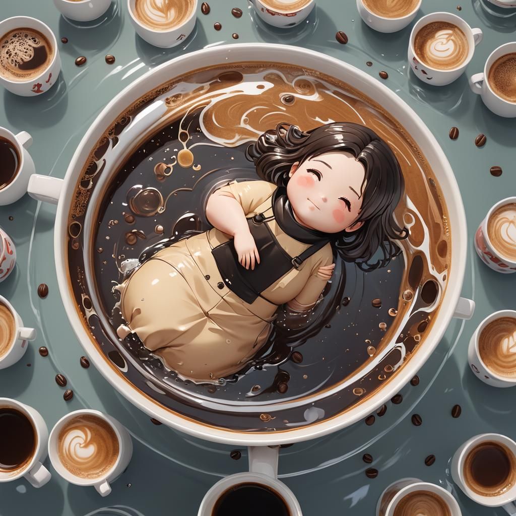 Anime Girl Swimming in Coffee Cup: 3D Art