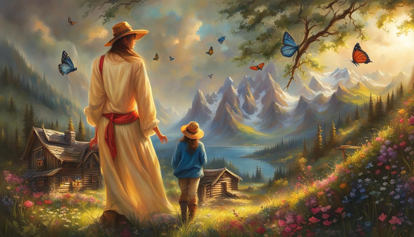 Cabin on Lake with Flower Meadow, Stylized Oil Art