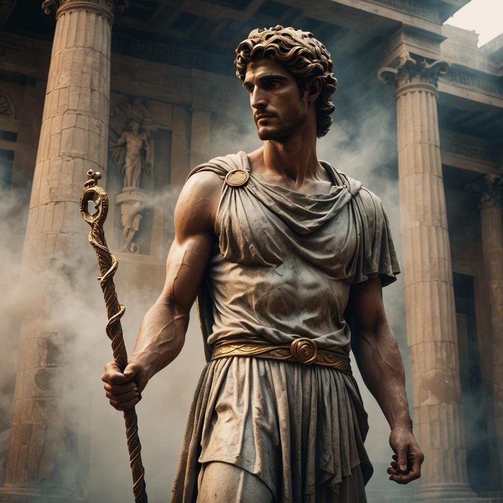 Hermes with Rod of Asclepius in Chiaroscuro Lighting