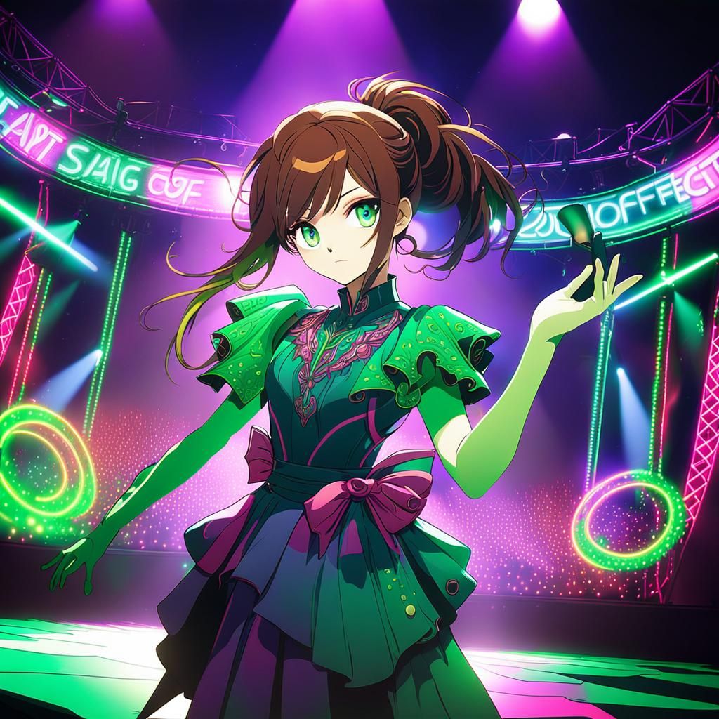 Anime Singer on Stage with Neon Lights in Pop Art