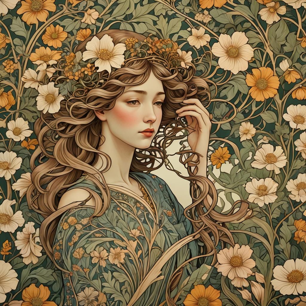 Art Nouveau Woman in Floral William Morris Style