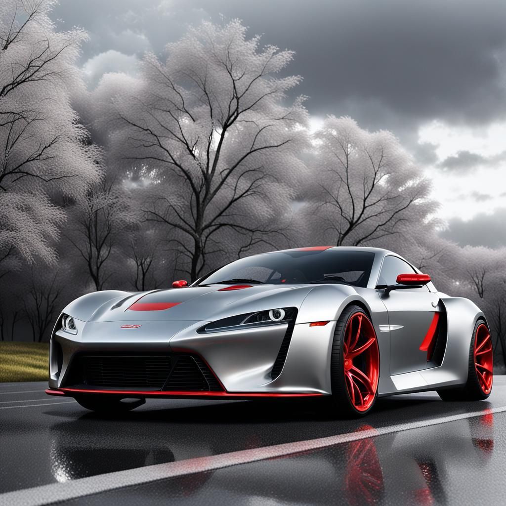 A sleek, shiny, modern sports car, likely a coupe, with a low stance and curved lines, parked on a sunny day on a smooth...