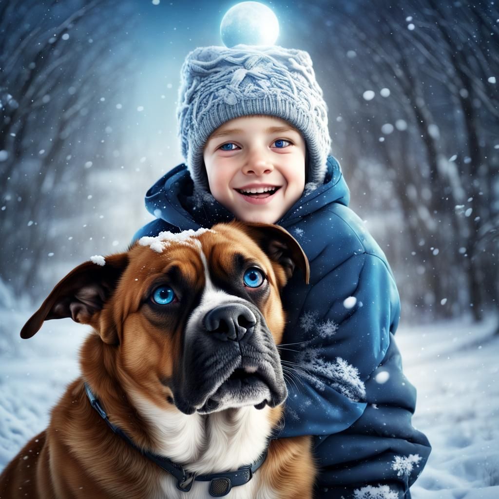 Boy and Dog Play in Magical Winter Wonderland