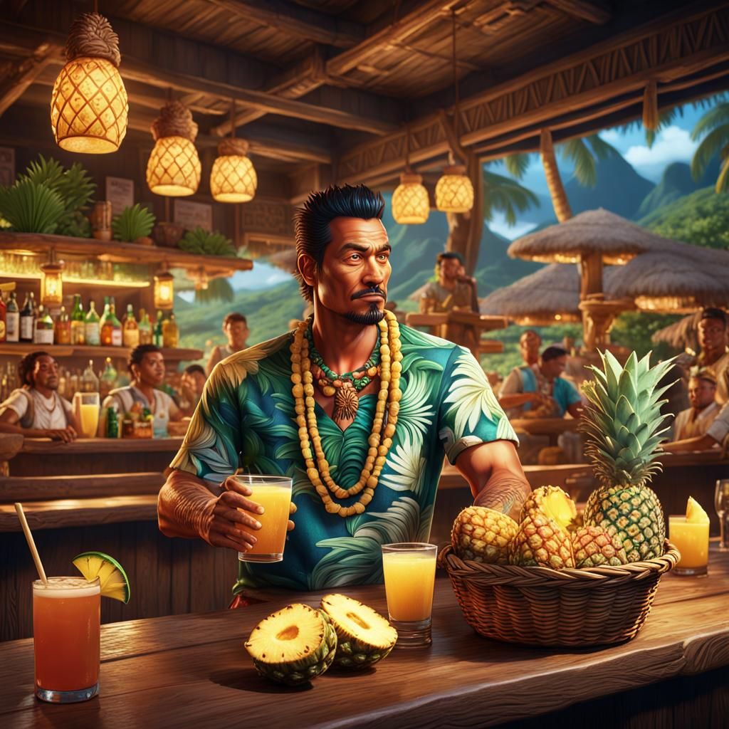 Polynesian Man at a Busy Tiki Bar: Detailed Matte Painting