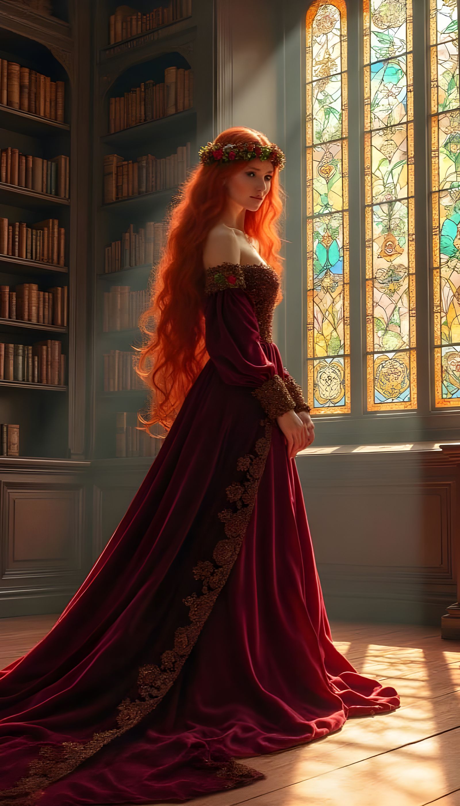Red-Haired Woman in Glowing Library, Art Nouveau Style