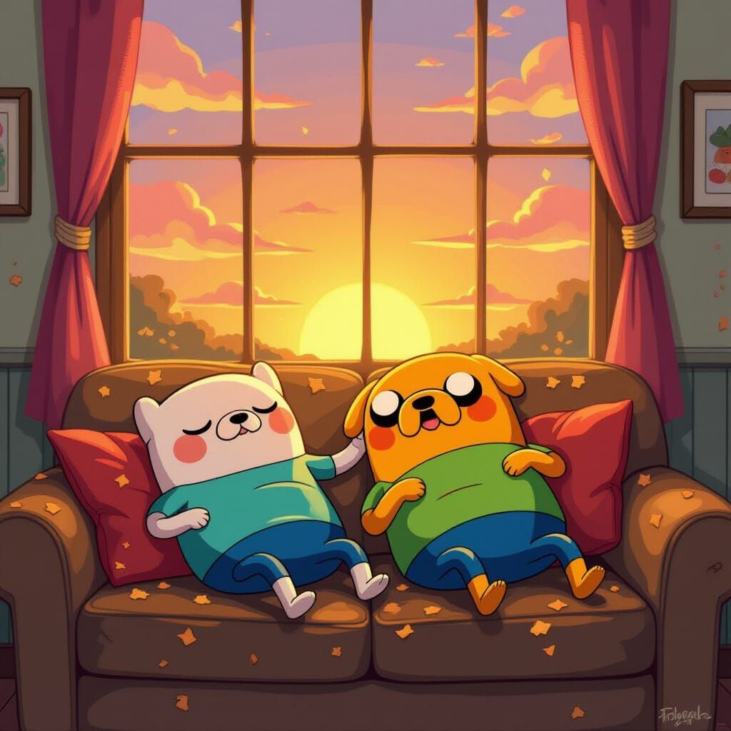 Adventure Time Characters Sleeping on Couch with Sunset