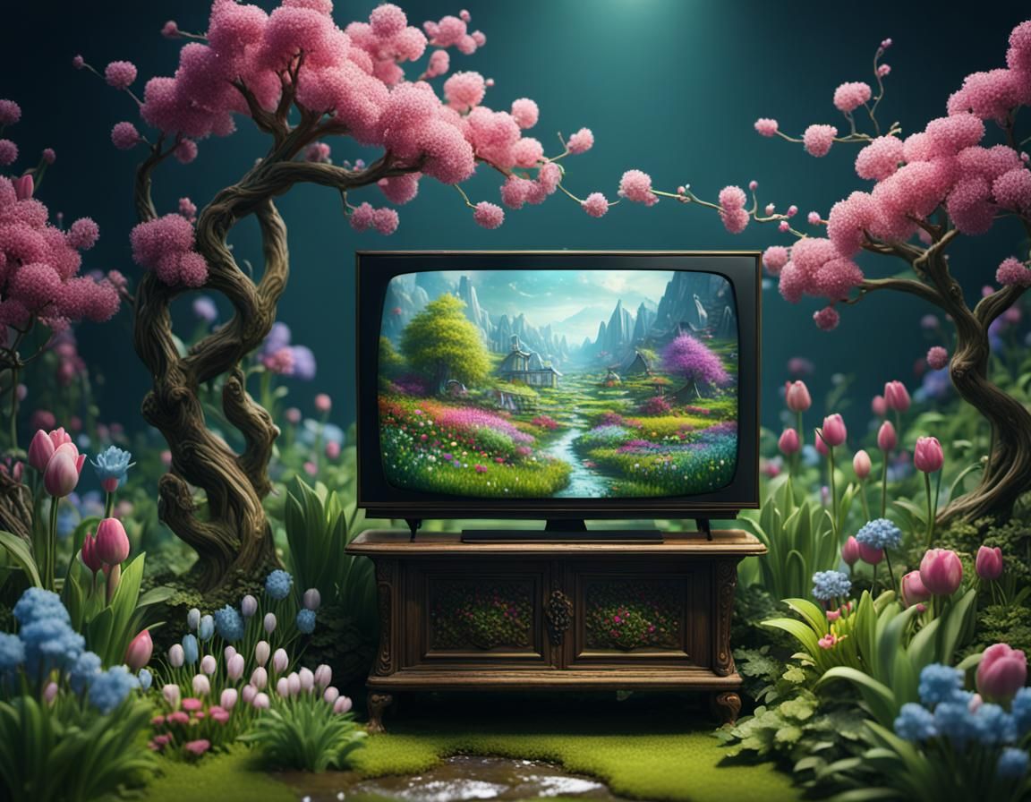 Spring Garden Miniature Displayed on a TV Screen