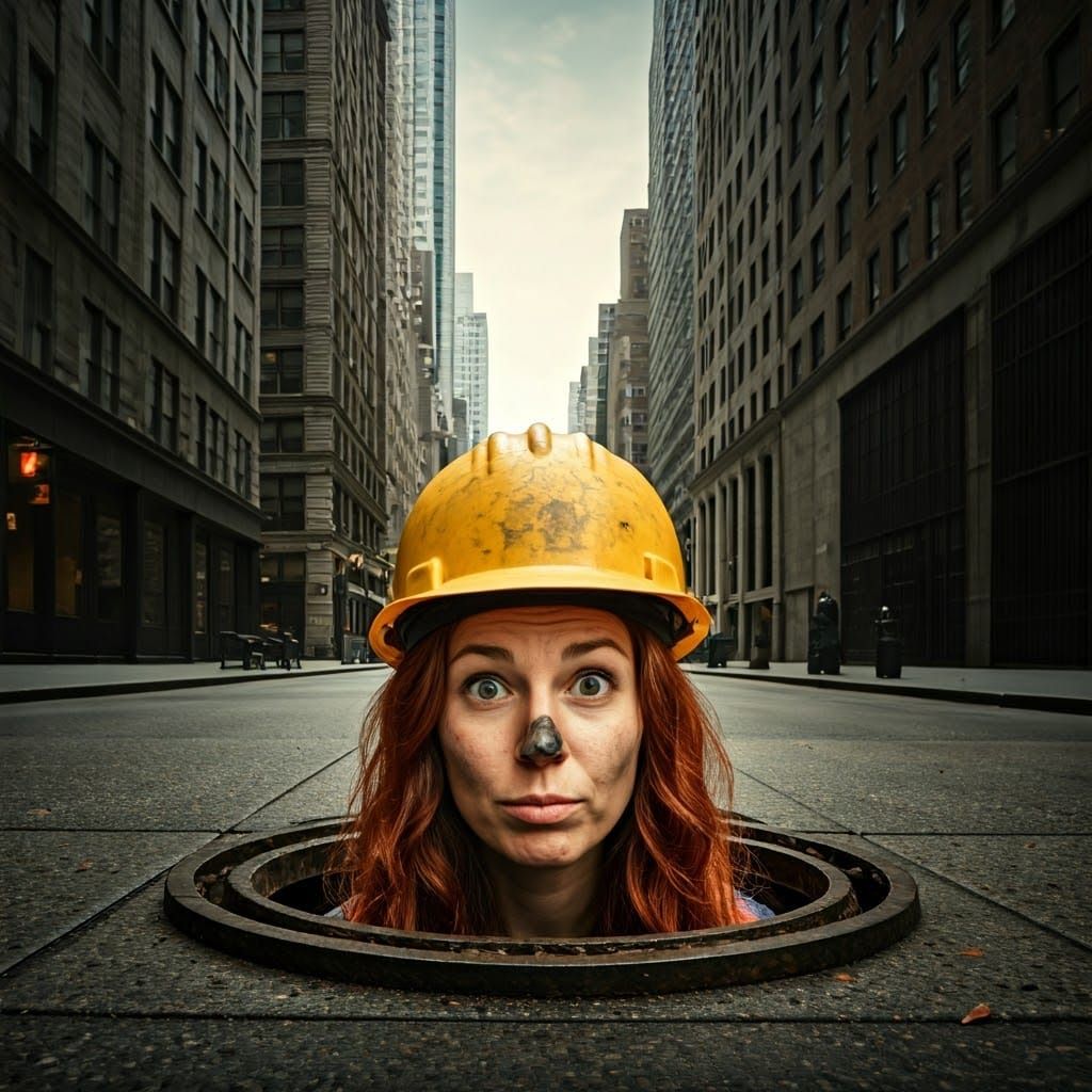 Street Level NYC Scene with Worker in Sewer
