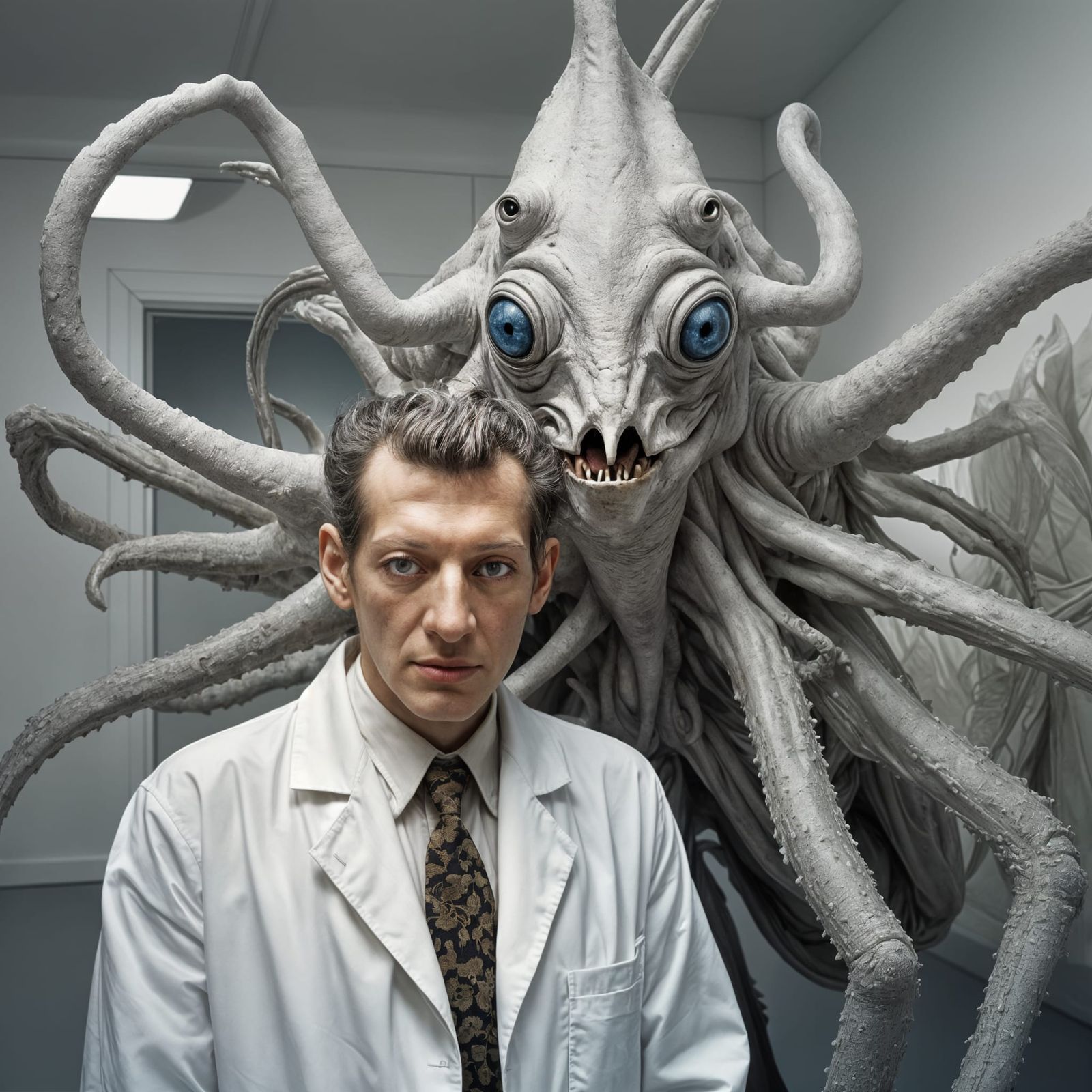 Surreal Exotic Portrait in White Laboratory, Hyperrealism