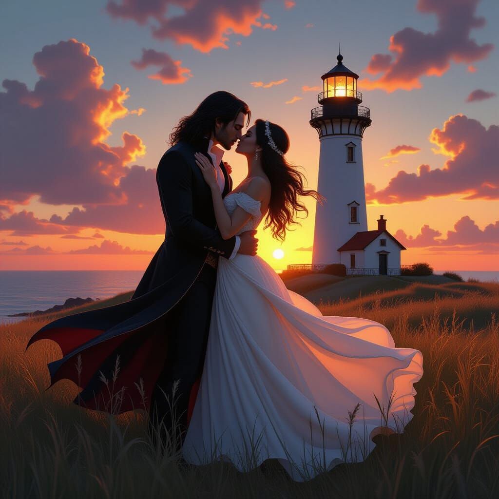 Vampire and Woman Kissing by Lighthouse in Sunset